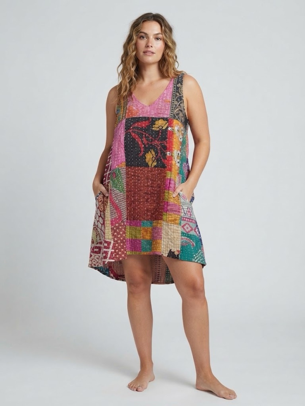 Sevya Kantha NWT Boho Patchwork Reversible V-Neck Sleeveless Dress